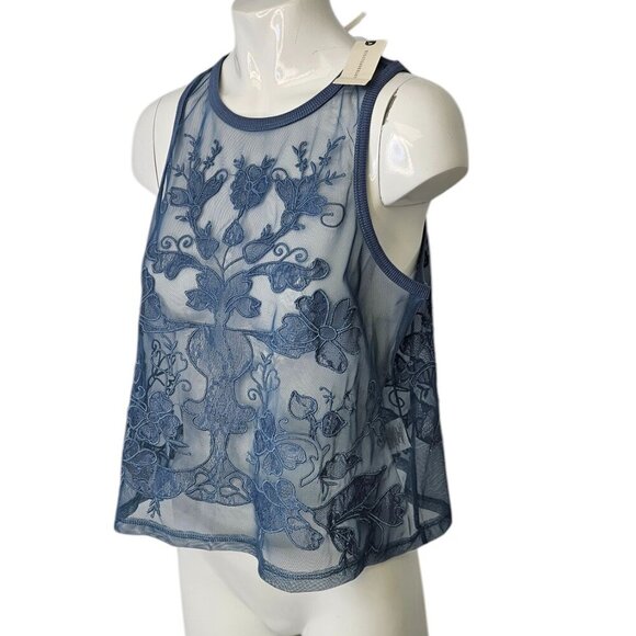 Anthropologie Mesh Appliqué Tank Floral Embroidered Sheer Blue Size XS NWT - Picture 5 of 10